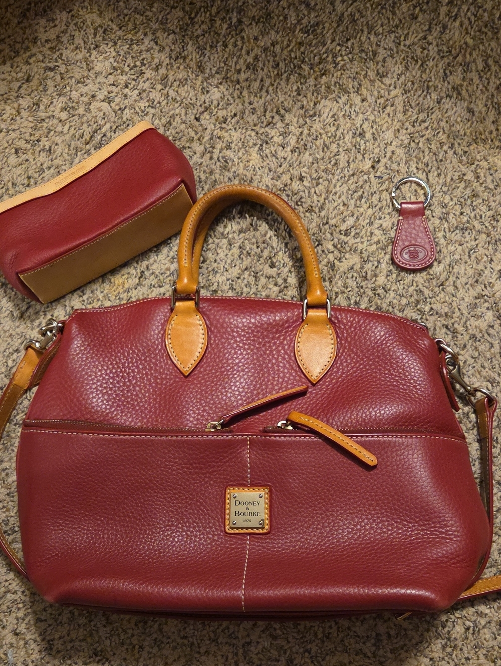 Dooney & Bourke Burgundy Pebbled Leather Satchel with Tan Trim Bundle